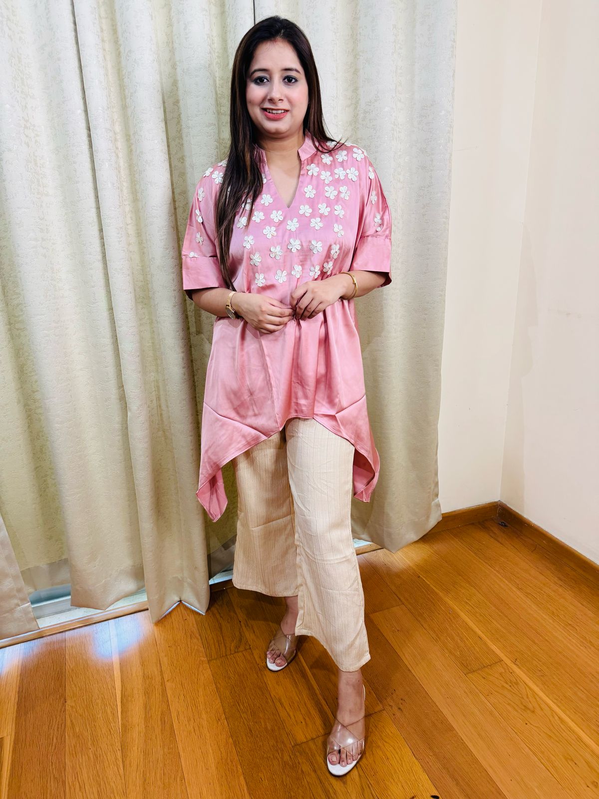 ANAHITA | Pink Embroidered Asymmetrical Kurta Set | Daisy Kaftan Top with Cream Pants for Women