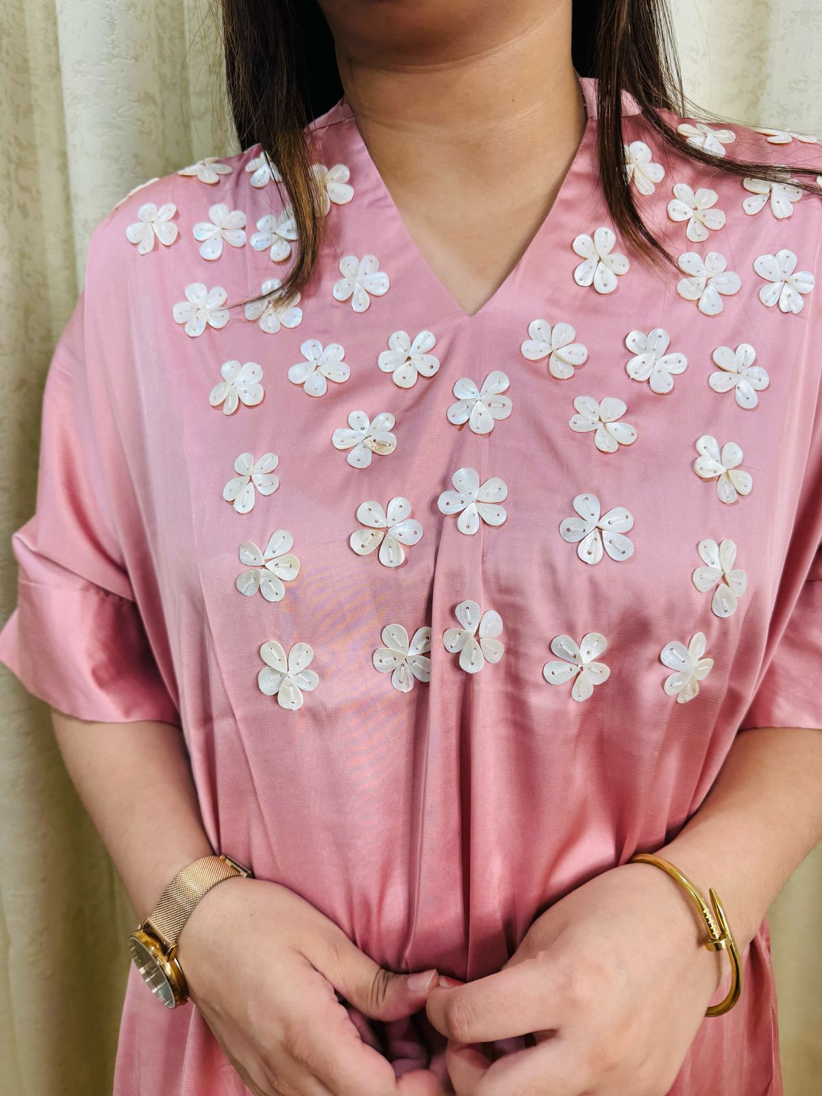 ANAHITA | Pink Embroidered Asymmetrical Kurta Set | Daisy Kaftan Top with Cream Pants for Women