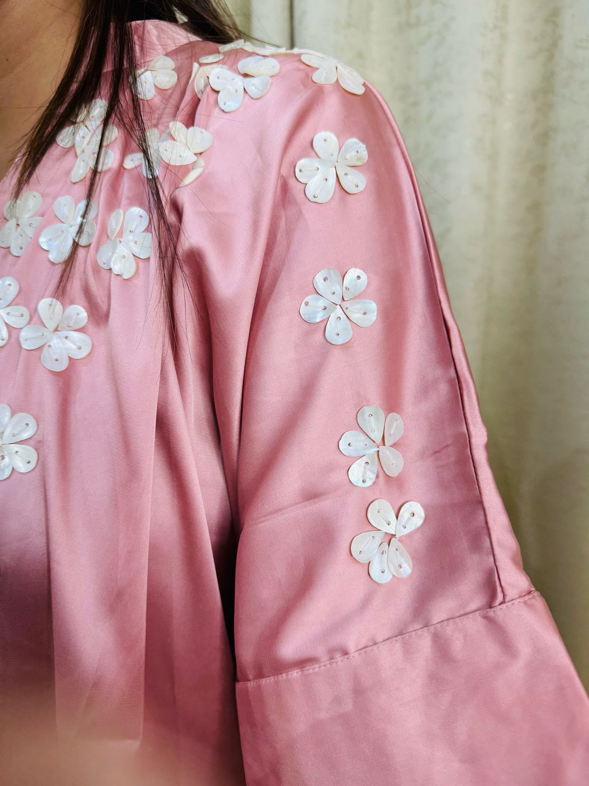 ANAHITA | Pink Embroidered Asymmetrical Kurta Set | Daisy Kaftan Top with Cream Pants for Women