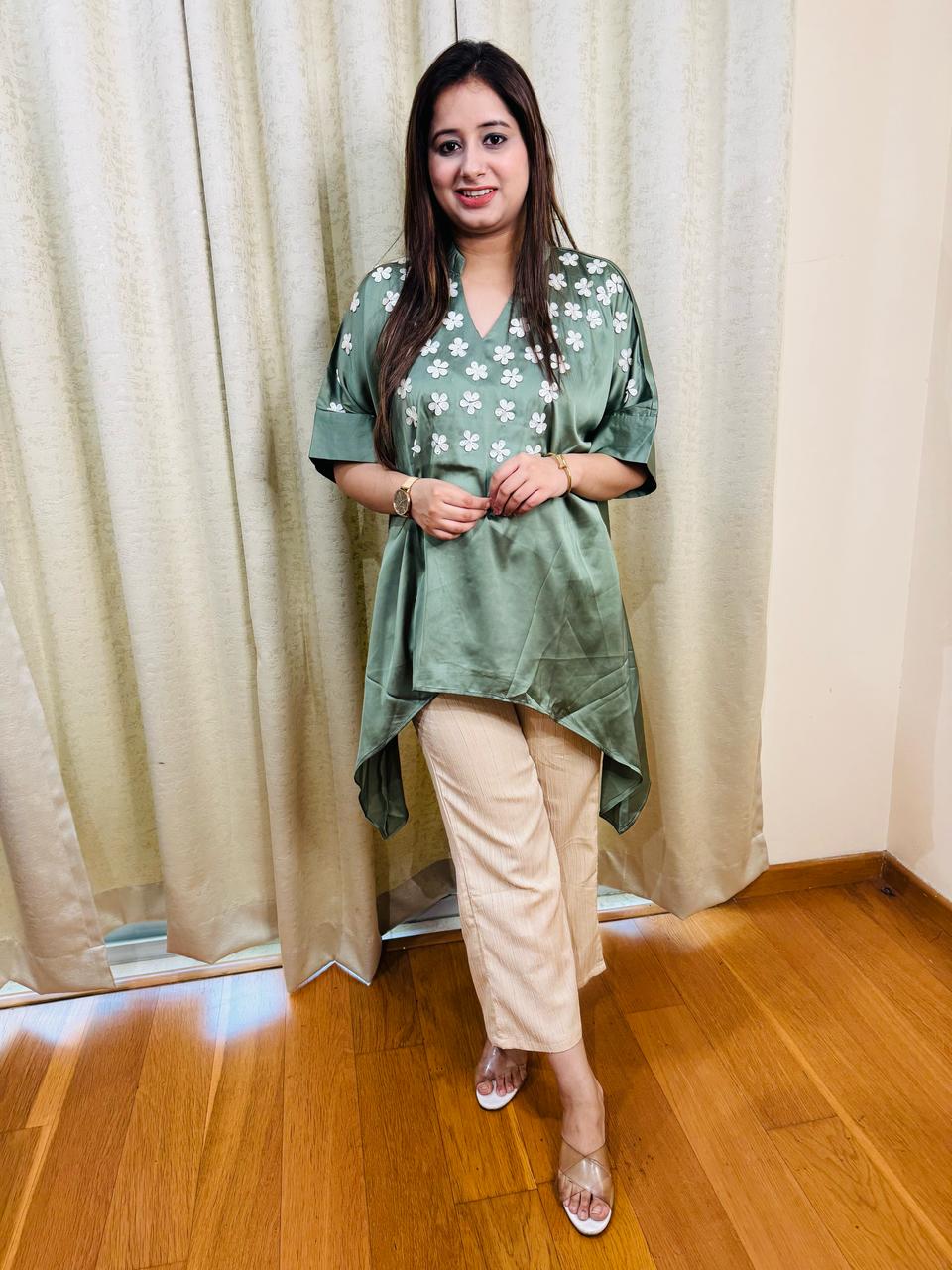 ANAHITA | Green Embroidered Asymmetrical Kurta Set | Daisy Kaftan Top with Cream Pants for Women