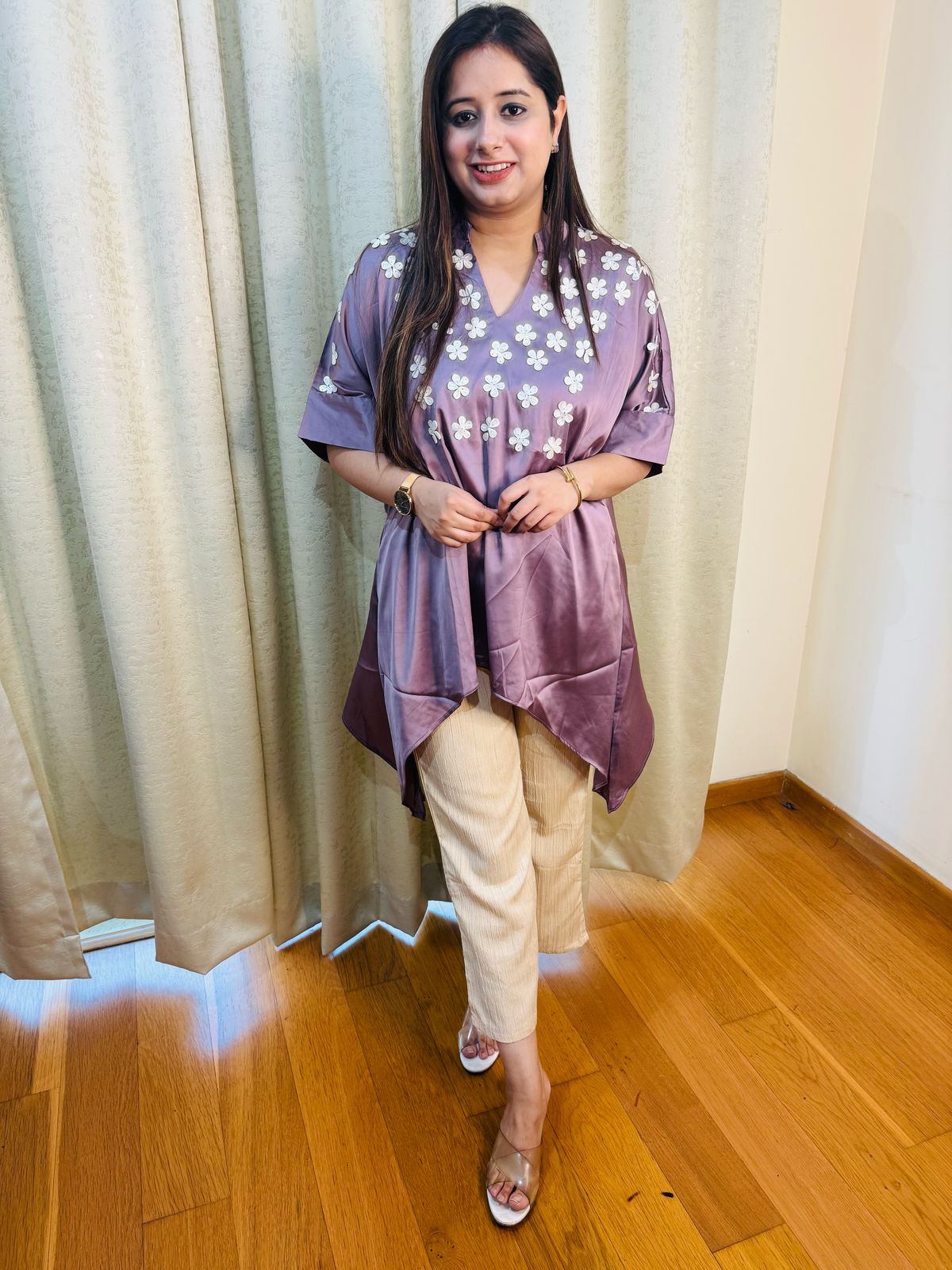 ANAHITA | Mauve Embroidered Asymmetrical Kurta Set | Floral Kaftan Top & Cream Pants for Women