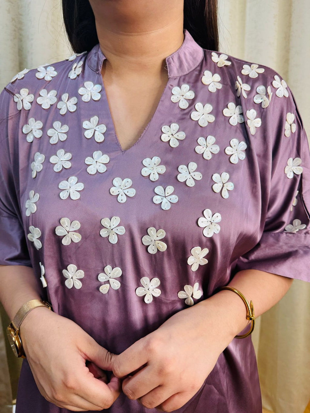 ANAHITA | Mauve Embroidered Asymmetrical Kurta Set | Floral Kaftan Top & Cream Pants for Women