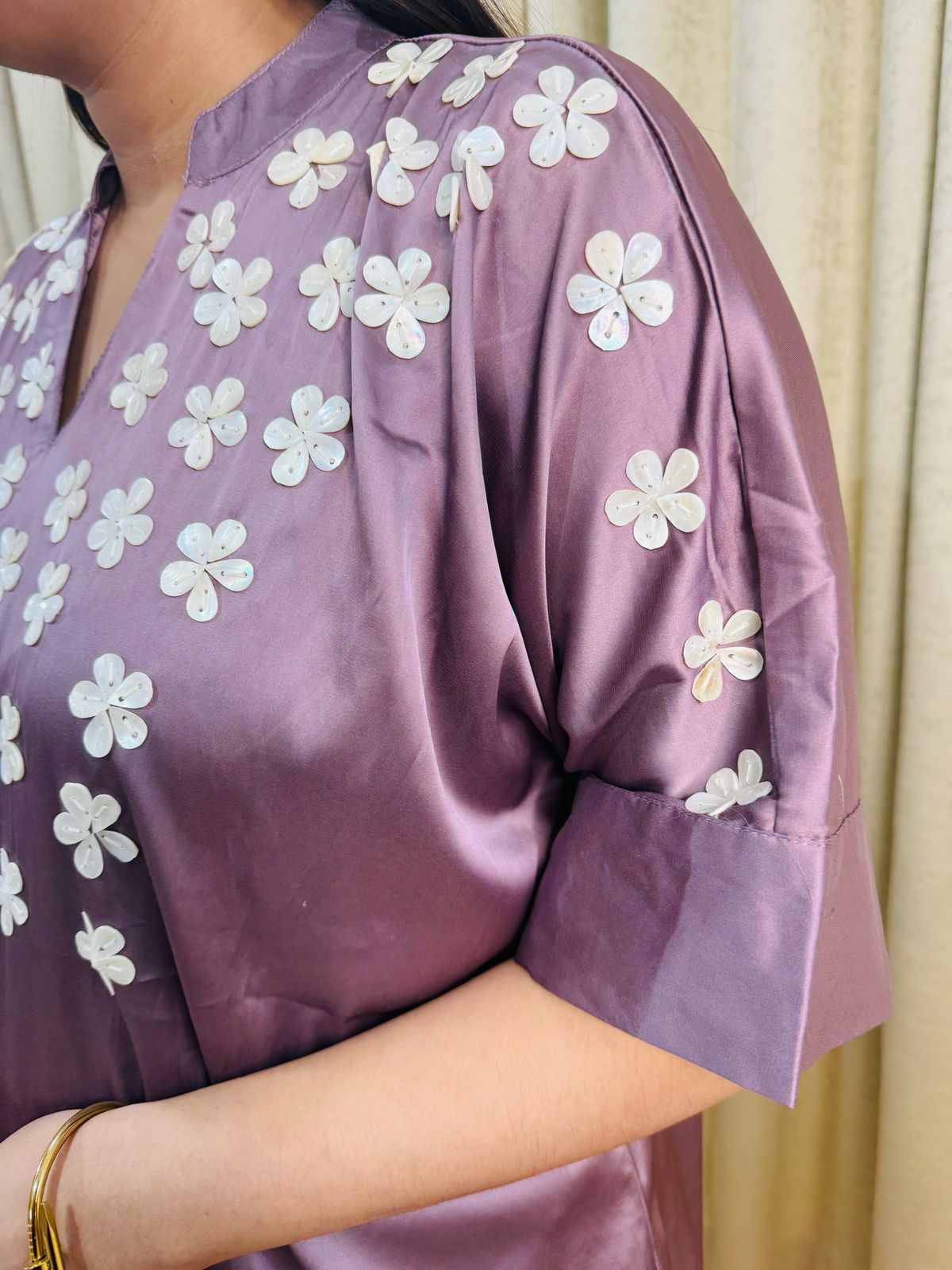 ANAHITA | Mauve Embroidered Asymmetrical Kurta Set | Floral Kaftan Top & Cream Pants for Women