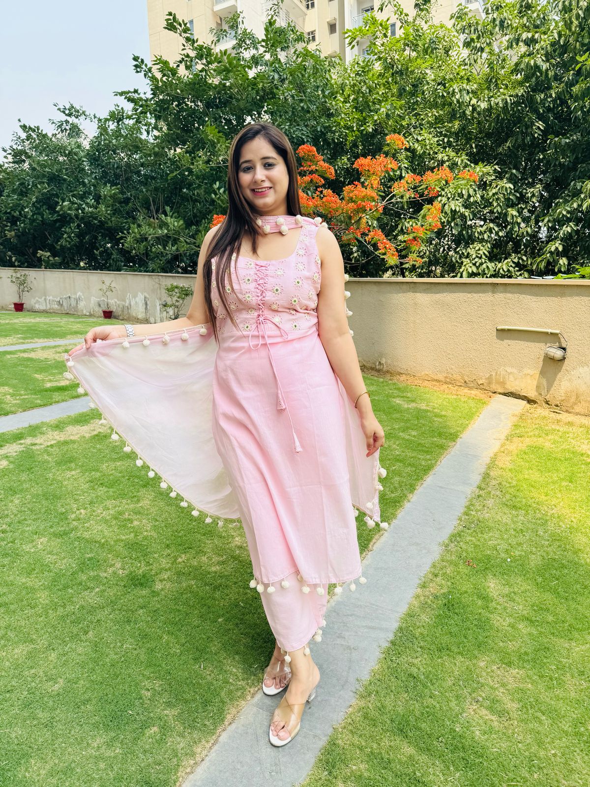 BARNI | Pink Summer Coordset for Women | Embroidered Kurta Pant Set with Pom-Pom Dupatta