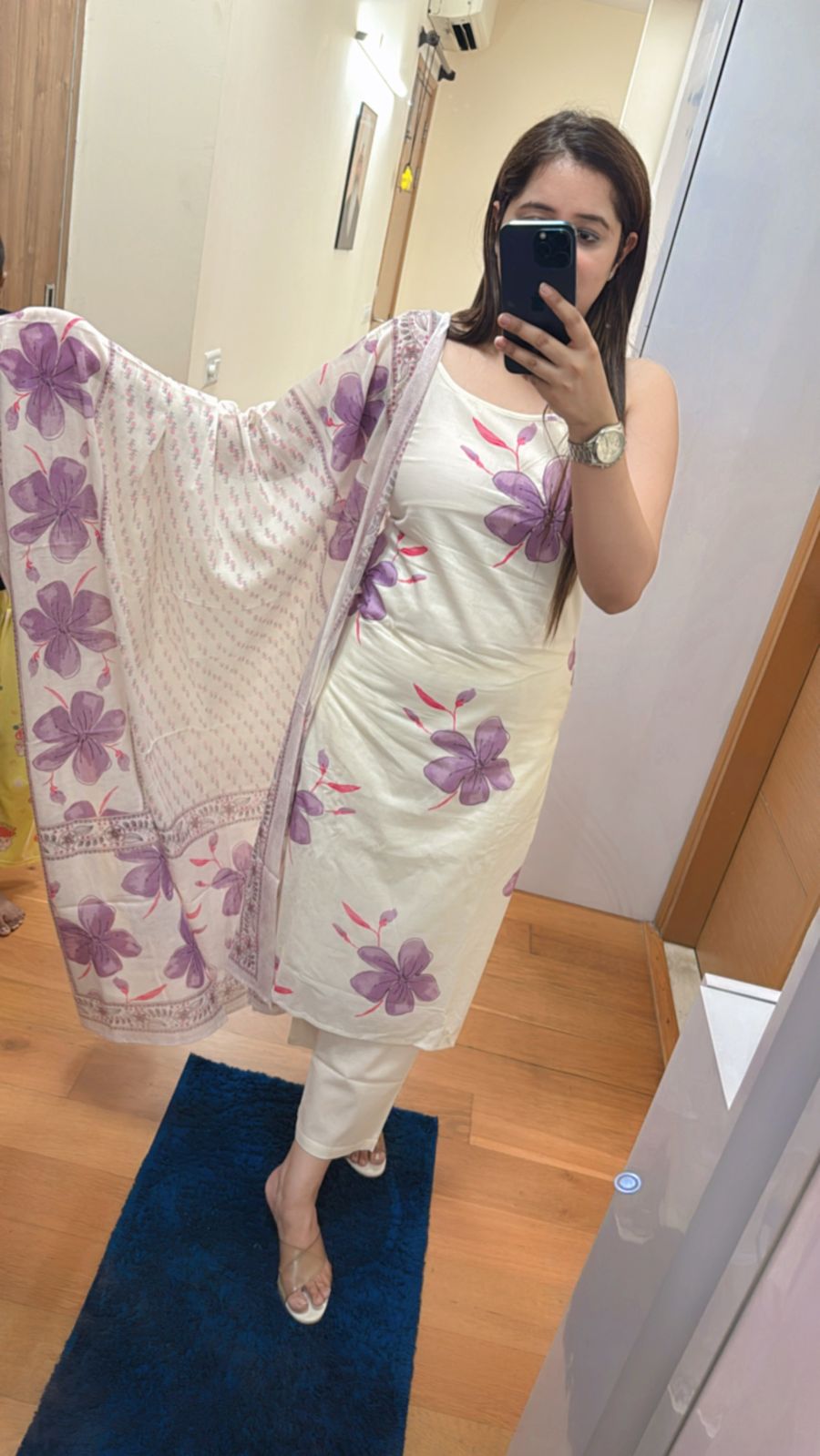 PHUL | Lavender Flower Print Sleeveless Kurta Set | White Suit for Women with Dupatta