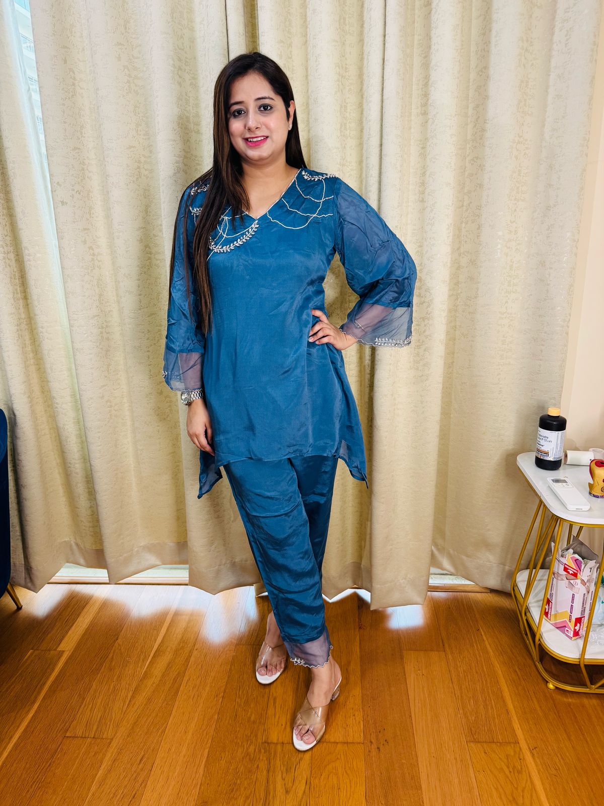 PEENAKI | Blue Scallop Embroidered Coordset | Designer Sheer Sleeve Kurti Pant Set for Women