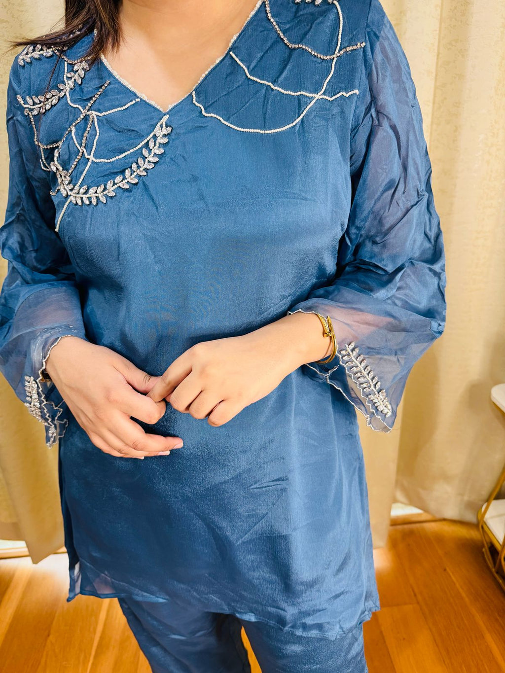 PEENAKI | Blue Scallop Embroidered Coordset | Designer Sheer Sleeve Kurti Pant Set for Women