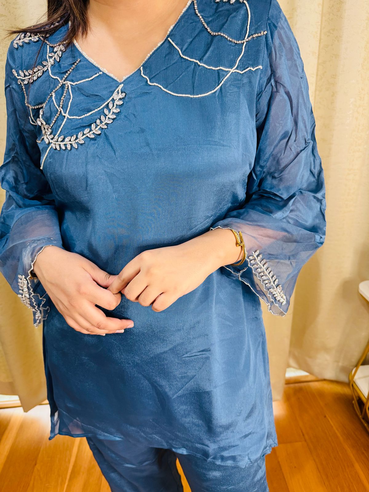 PEENAKI | Blue Scallop Embroidered Coordset | Designer Sheer Sleeve Kurti Pant Set for Women