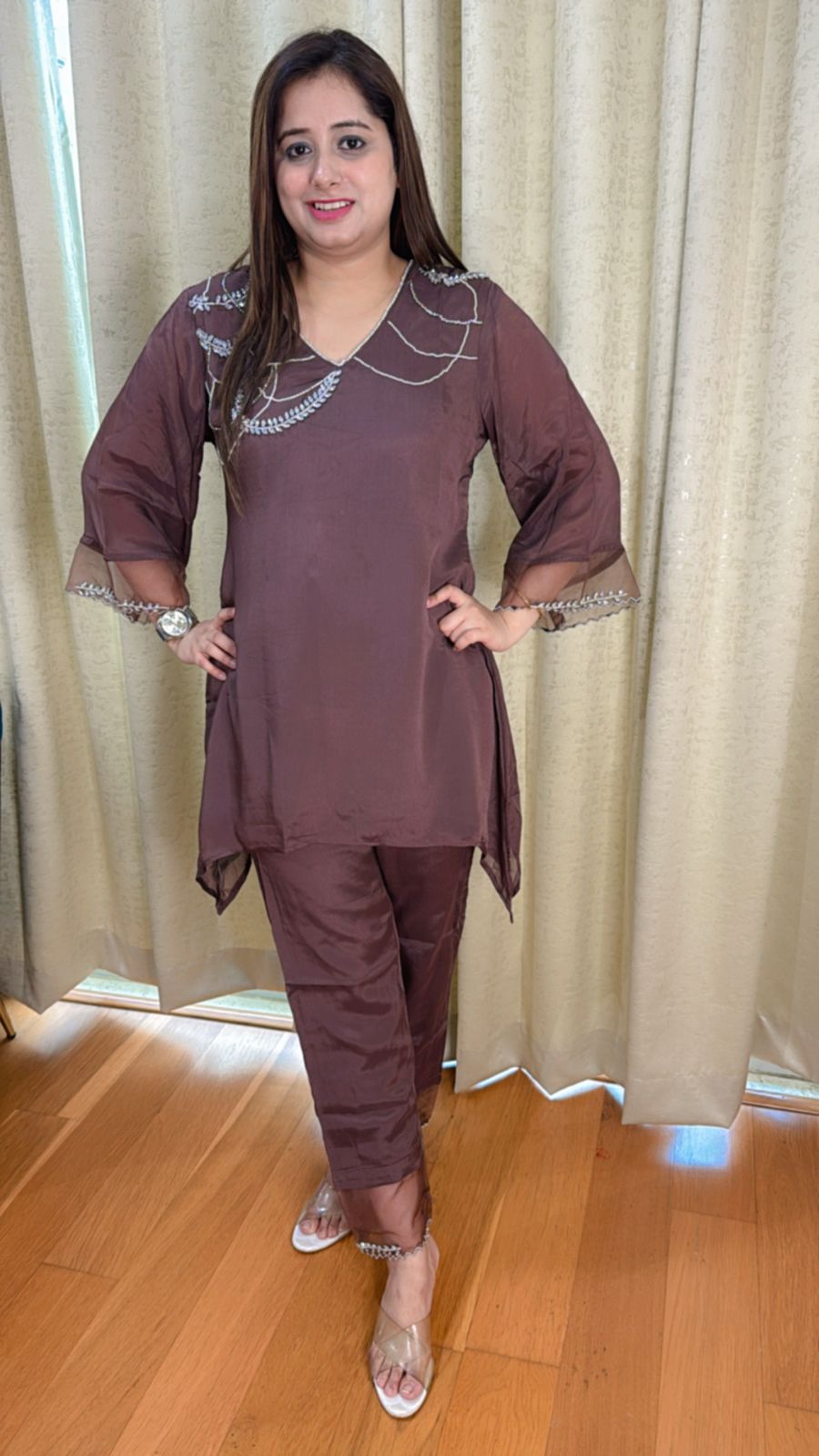 PEENAKI | Brown Scallop Embroidered Coordset | Designer Kurti Pant Set for Women