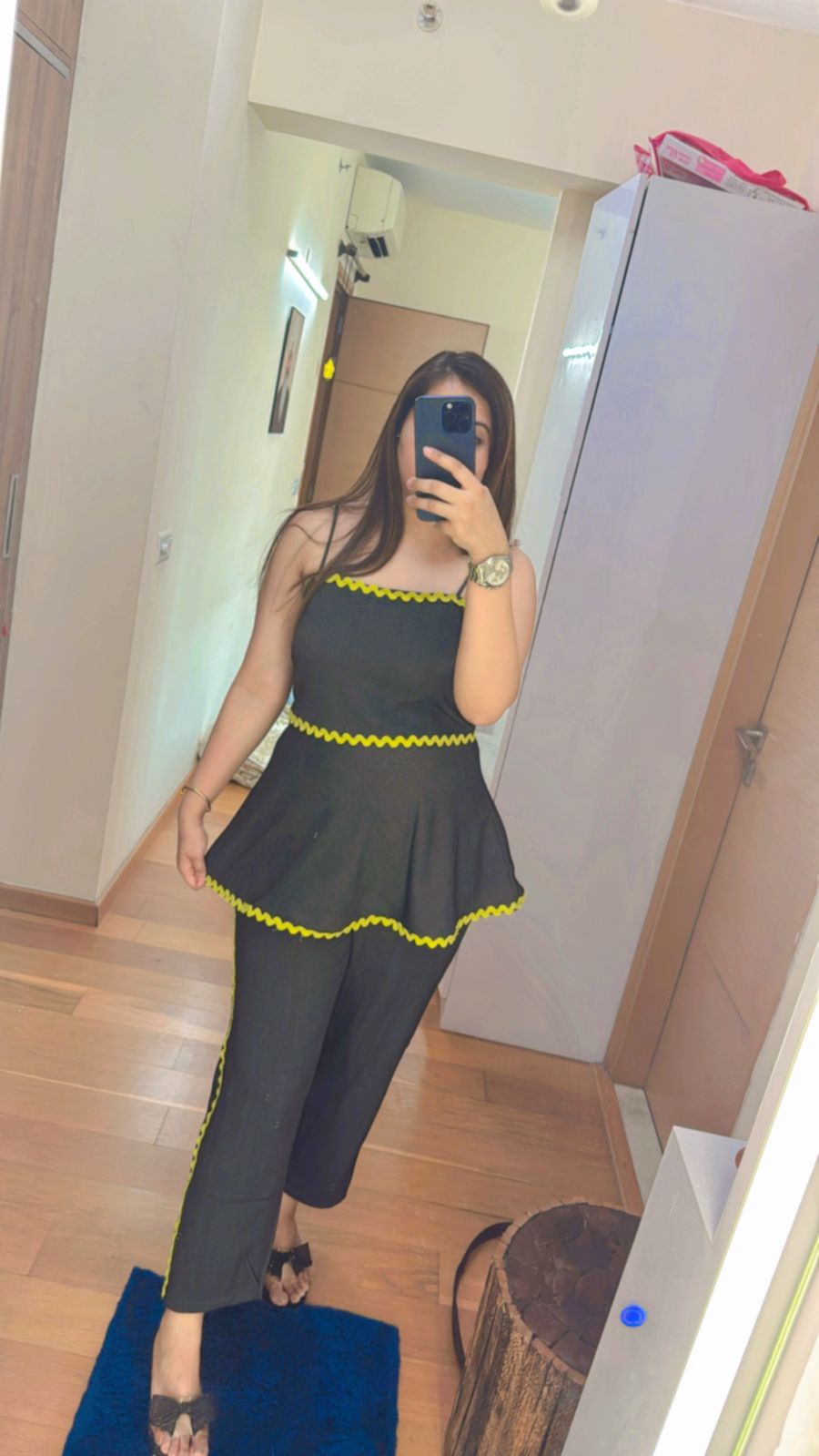 DENIM COORDS | Black Peplum Coordset with Yellow Zig-Zag Trim | Sleeveless Crop Top & Pant Set for Women