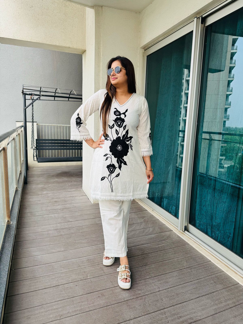 TRIPTA | Black & White Floral Embroidered Coordset | Lace Trim Kurti Pant Set for Women