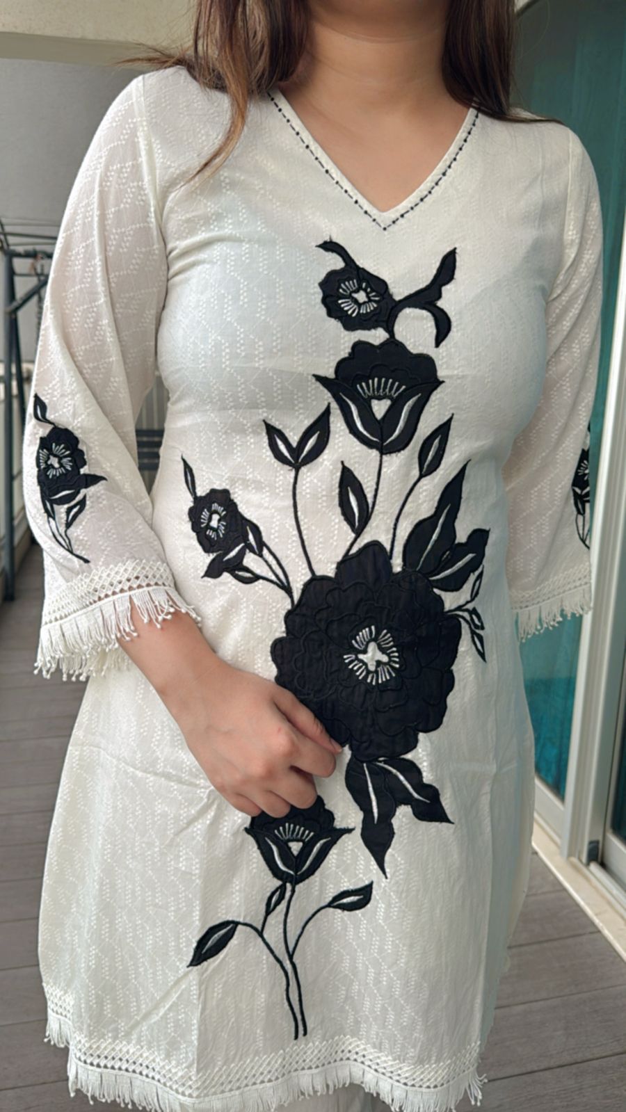 TRIPTA | Black & White Floral Embroidered Coordset | Lace Trim Kurti Pant Set for Women