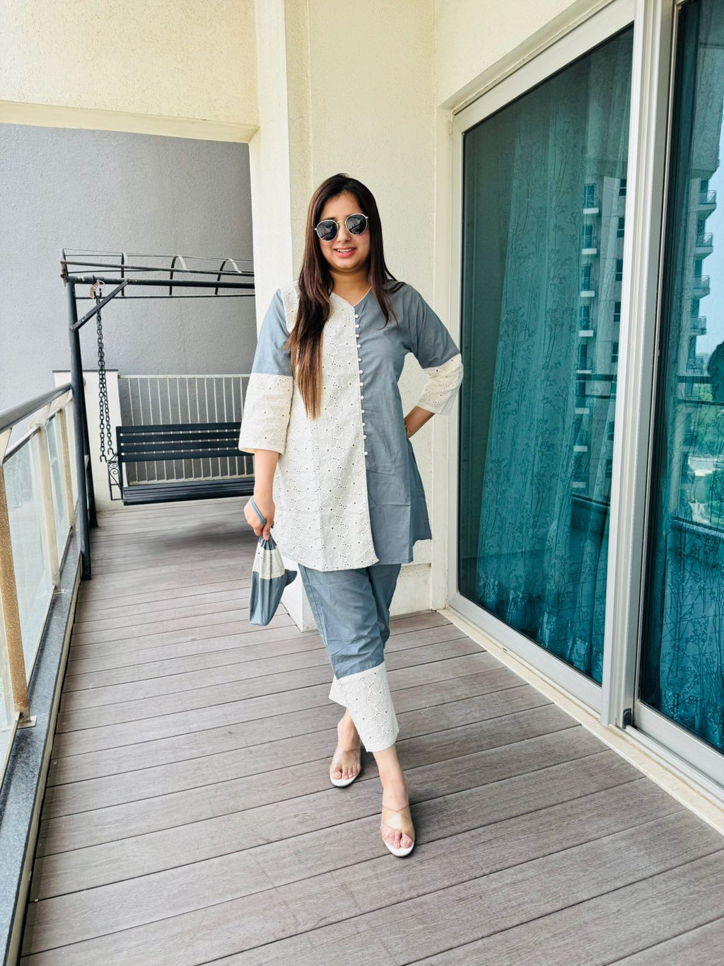TEAMI | Two-Tone Grey and White Coordset | Embroidered Eyelet Kurti Pant Set for Women