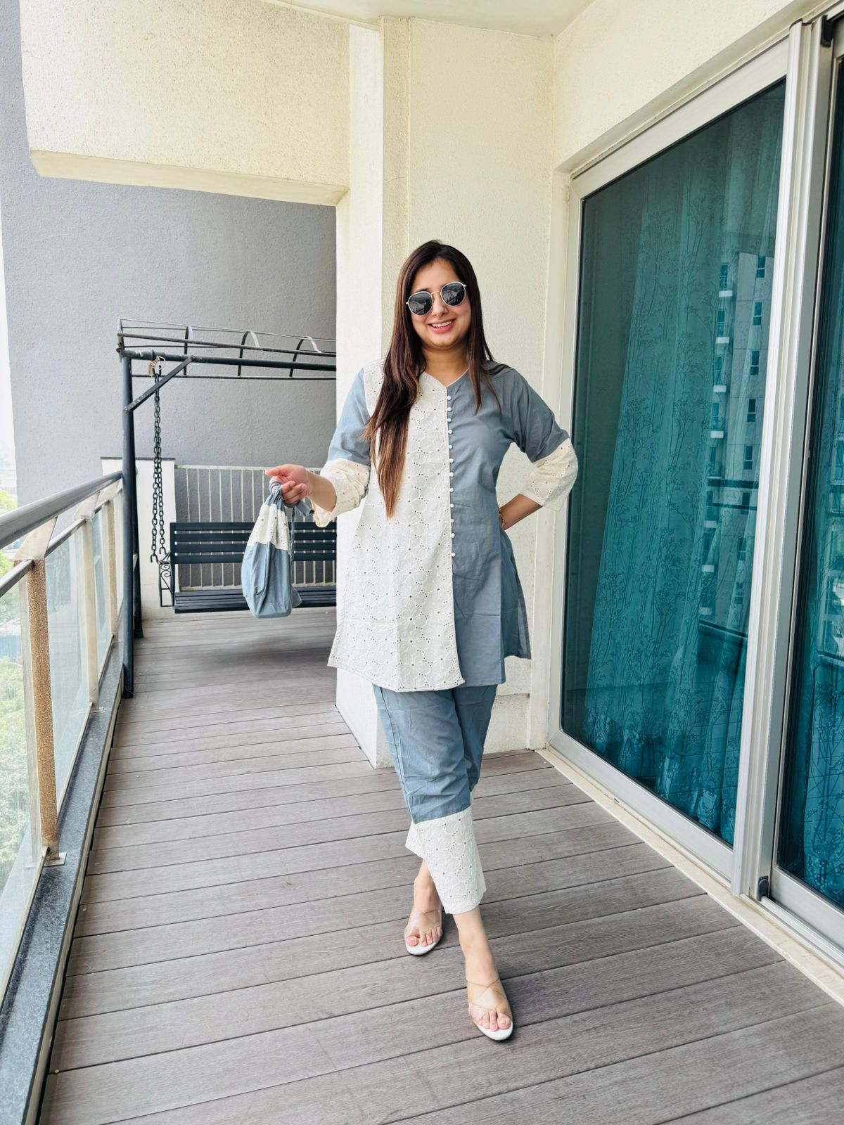 TEAMI | Two-Tone Grey and White Coordset | Embroidered Eyelet Kurti Pant Set for Women