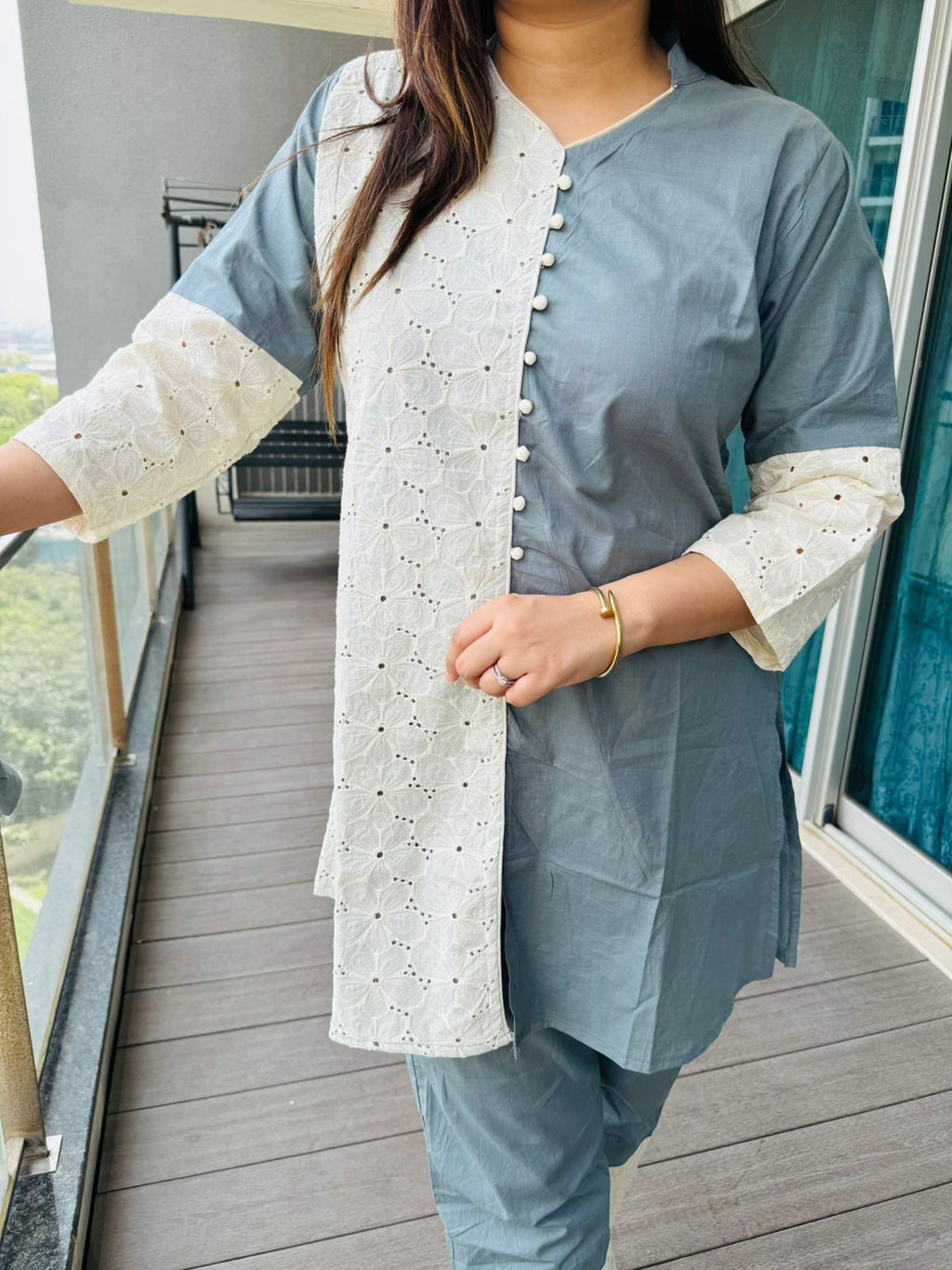 TEAMI | Two-Tone Grey and White Coordset | Embroidered Eyelet Kurti Pant Set for Women