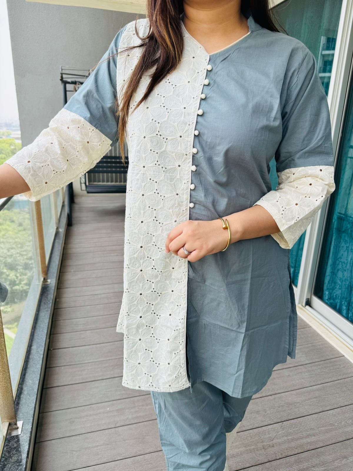 TEAMI | Two-Tone Grey and White Coordset | Embroidered Eyelet Kurti Pant Set for Women