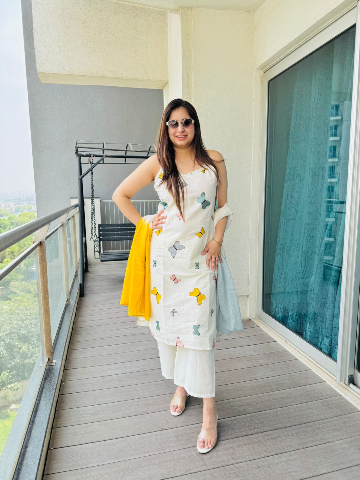 TITLI | Women’s White Butterfly Kurta Set | Sleeveless Suit with Yellow Dip-Dye Dupatta