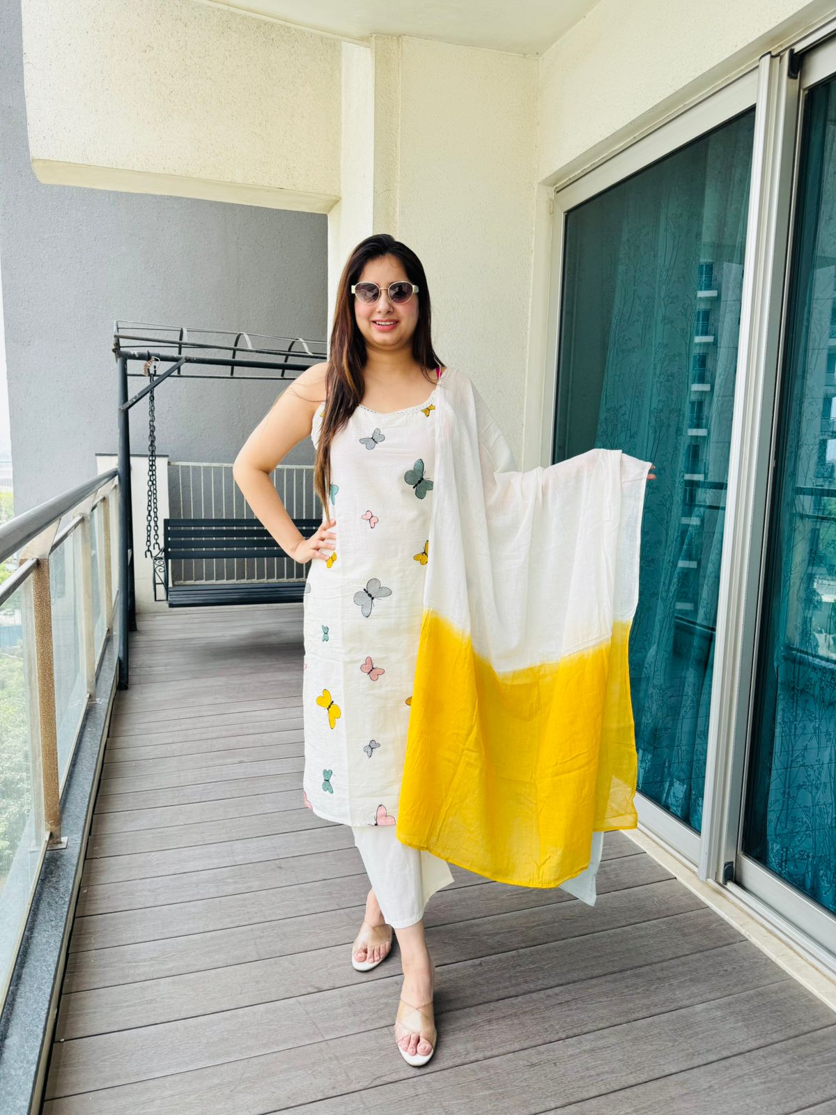 TITLI | Women’s White Butterfly Kurta Set | Sleeveless Suit with Yellow Dip-Dye Dupatta