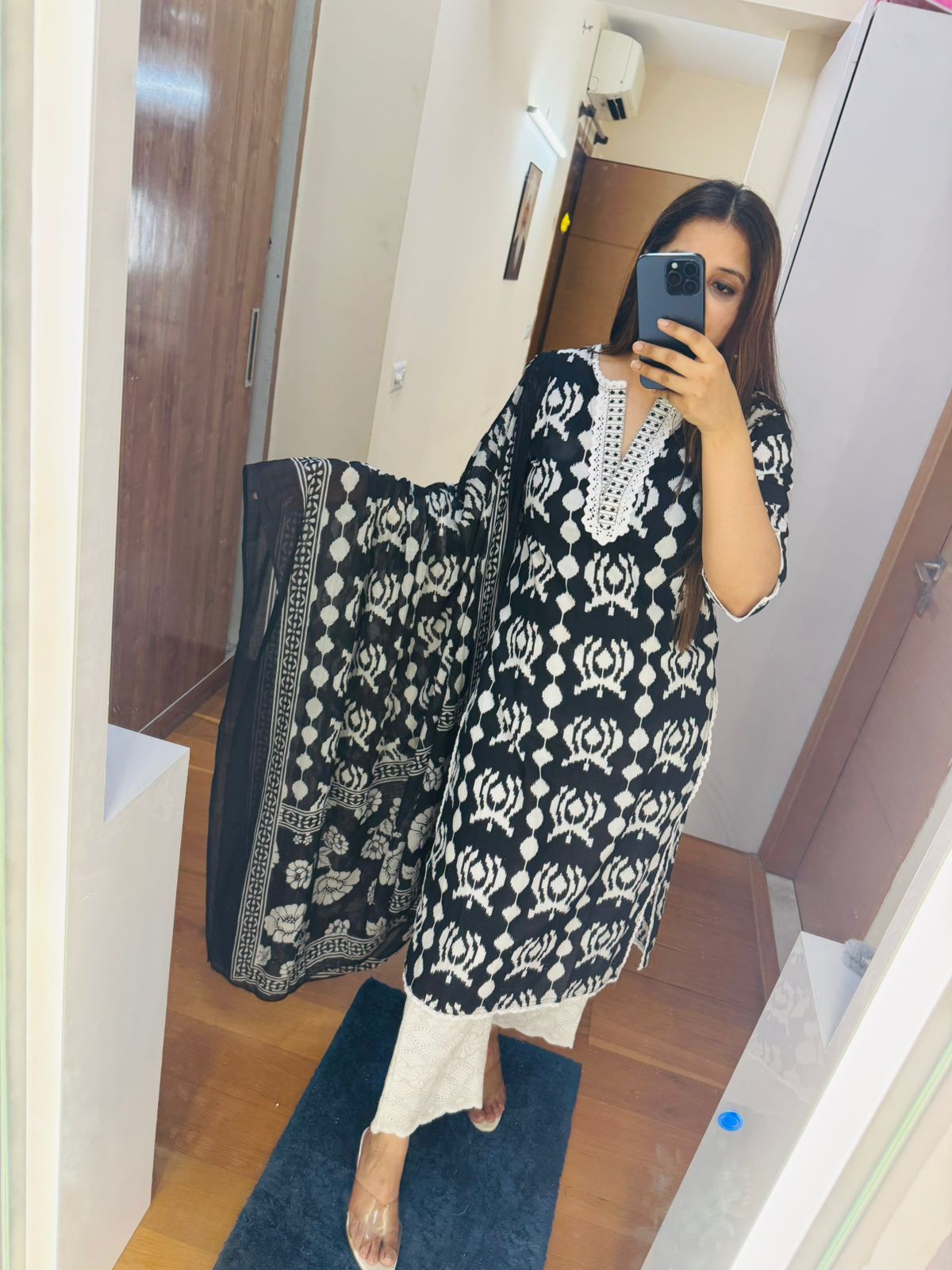 BEENA | Women's Cotton Black White Kurta Set | Ikat Print Embroidered Suit with Dupatta