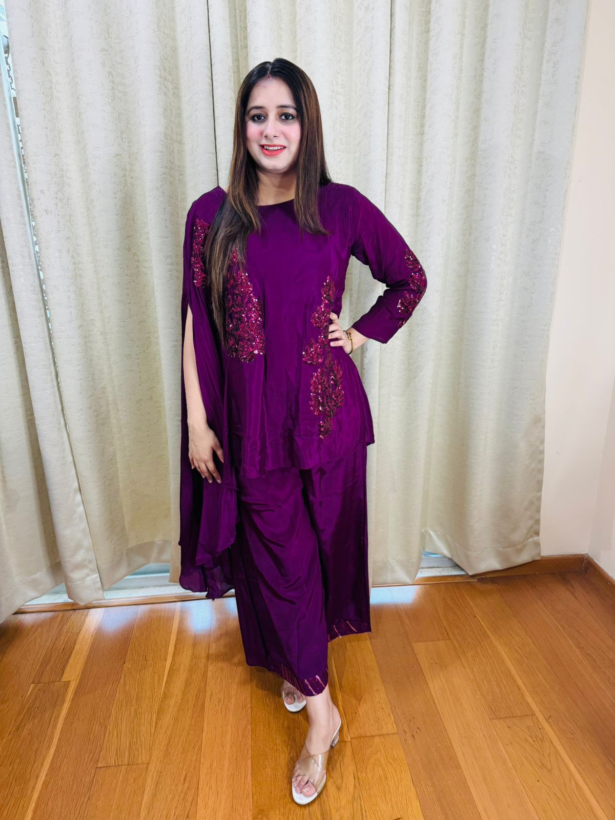 ANU | Purple Embroidered Asymmetric Kurti Coordset | Party Wear Silk Co-ord Set for Women
