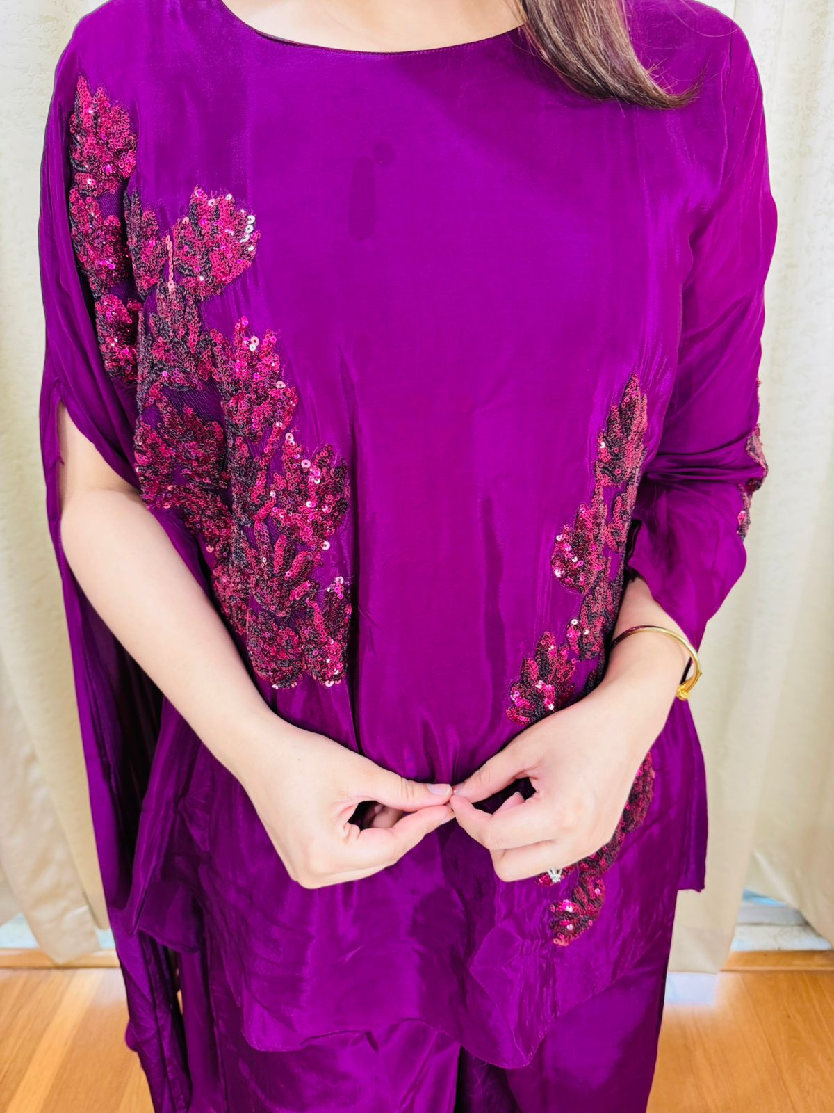 ANU | Purple Embroidered Asymmetric Kurti Coordset | Party Wear Silk Co-ord Set for Women