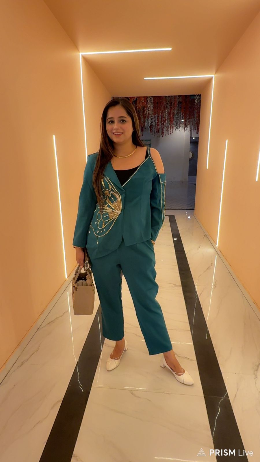 TANSHI | Designer Teal Blue Fusion Set | Embroidered Butterfly Jacket and Crop Pants