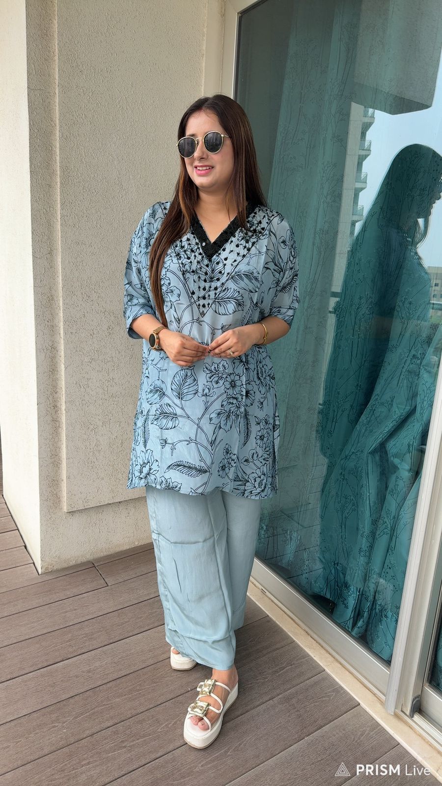 VASHI | Women’s Powder Blue Floral Coordset | Black Embroidered Kurta Palazzo