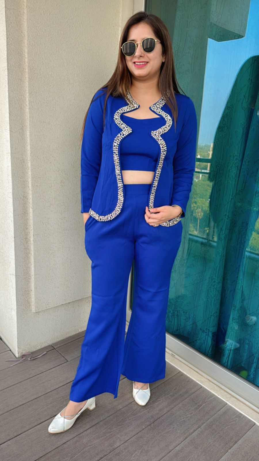 NATASHA | Women’s Royal Blue Fusion Coordset | Embellished Jacket Crop Top Flared Pants
