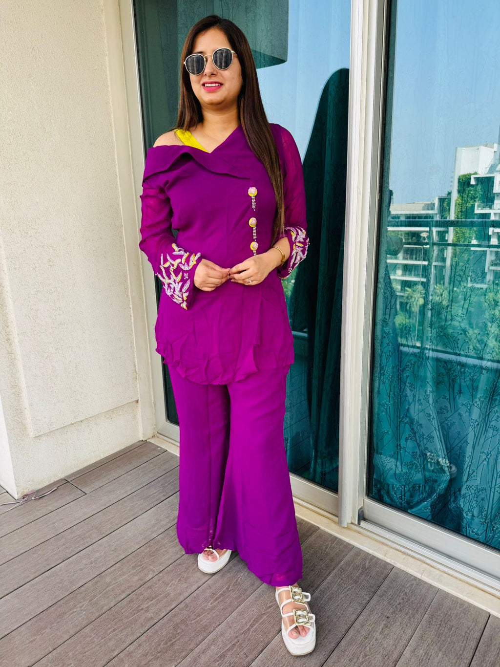 VIMPIA | Women’s Purple Festive Coordset | Ruffle Neck Embroidered Kurta Palazzo Set