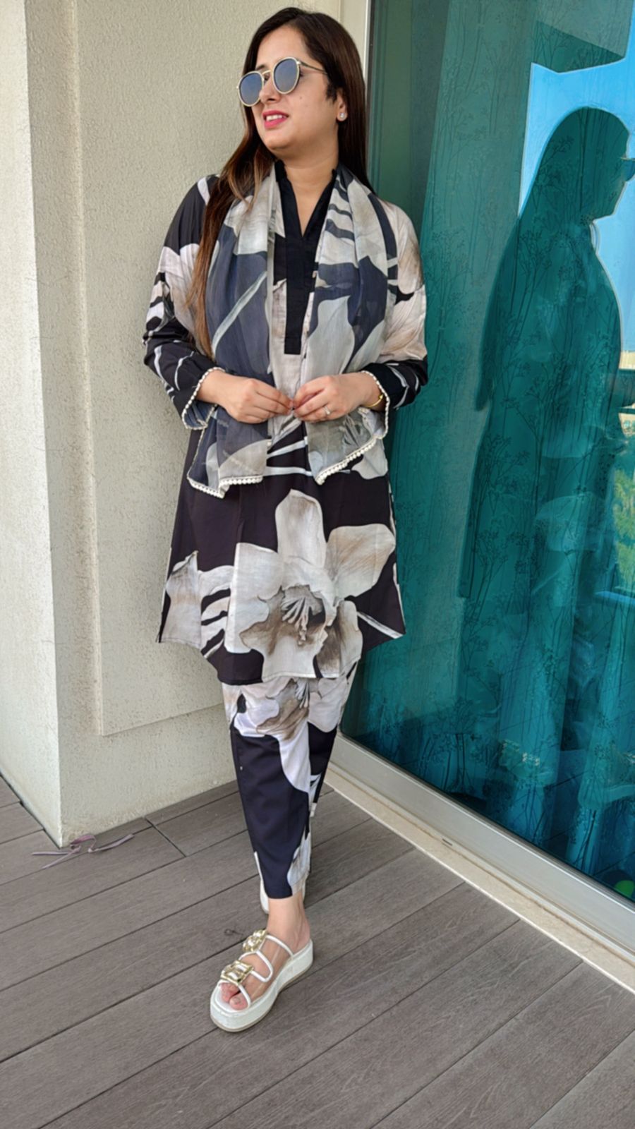 KAALI | Women’s Black White Ethnic Suit Set | Bold Large Floral Printed Kurta Palazzo