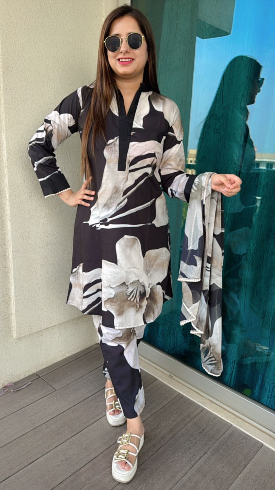 KAALI | Women’s Black White Ethnic Suit Set | Bold Large Floral Printed Kurta Palazzo