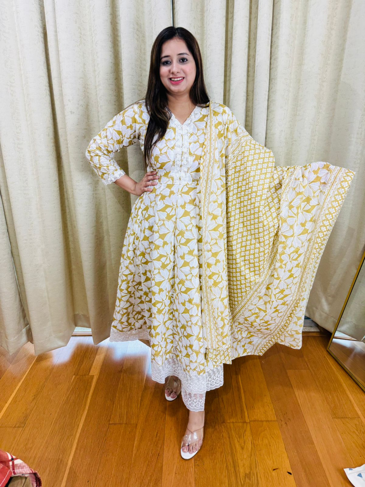 PAM COTTON | Women’s Mustard Floral Ethnic Suit Set | Printed Kurta Palazzo Dupatta with Lace Detail