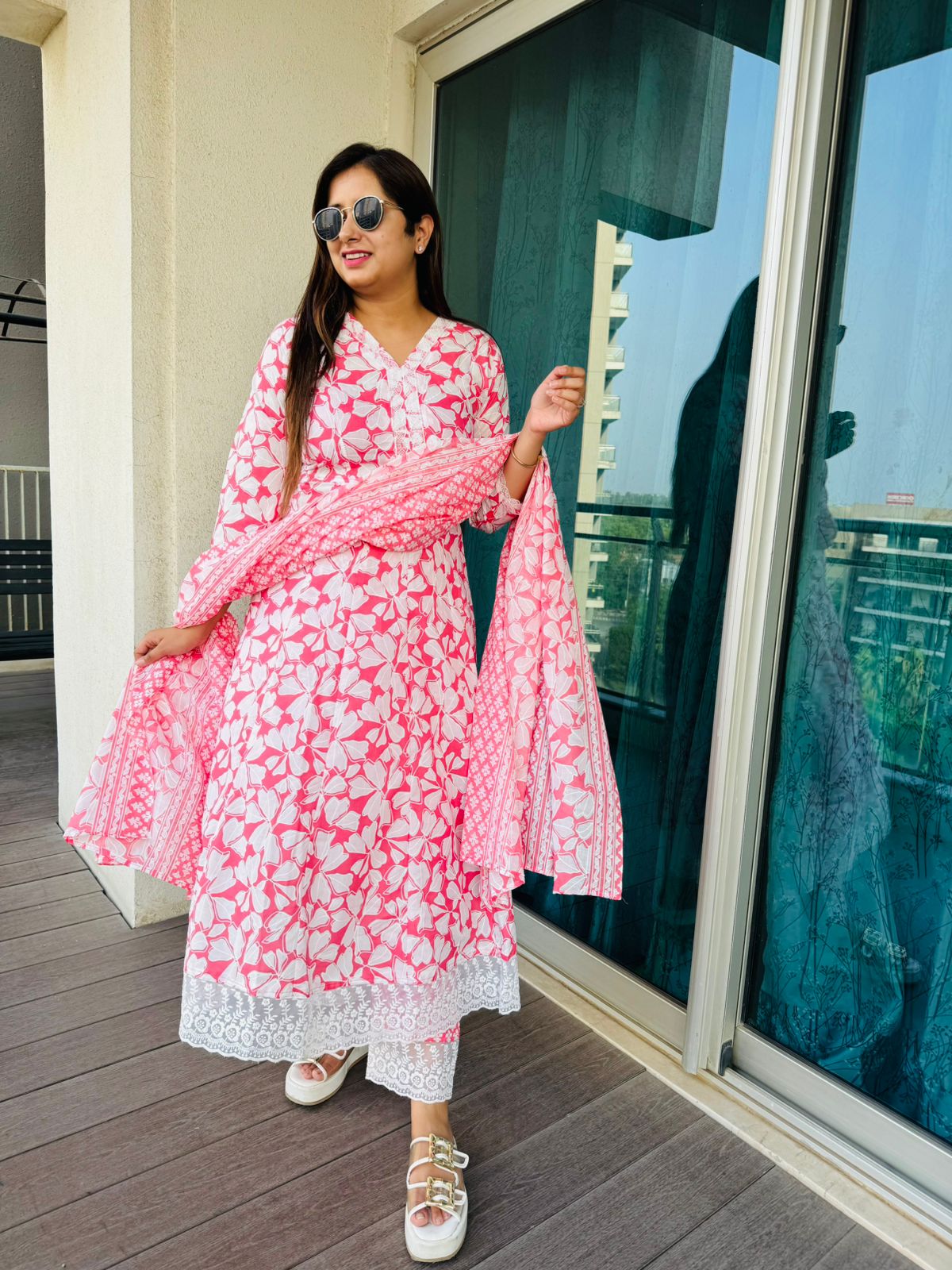 PAM COTTON | Women’s Pink Floral Ethnic Suit Set | Printed Kurta Palazzo Dupatta with Lace Detail