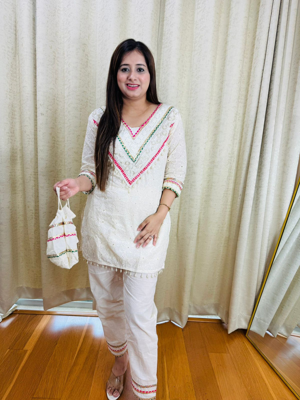 ANMOL | Designer White Festive Suit Set | Embroidered Kurta Palazzo with Potli for Women