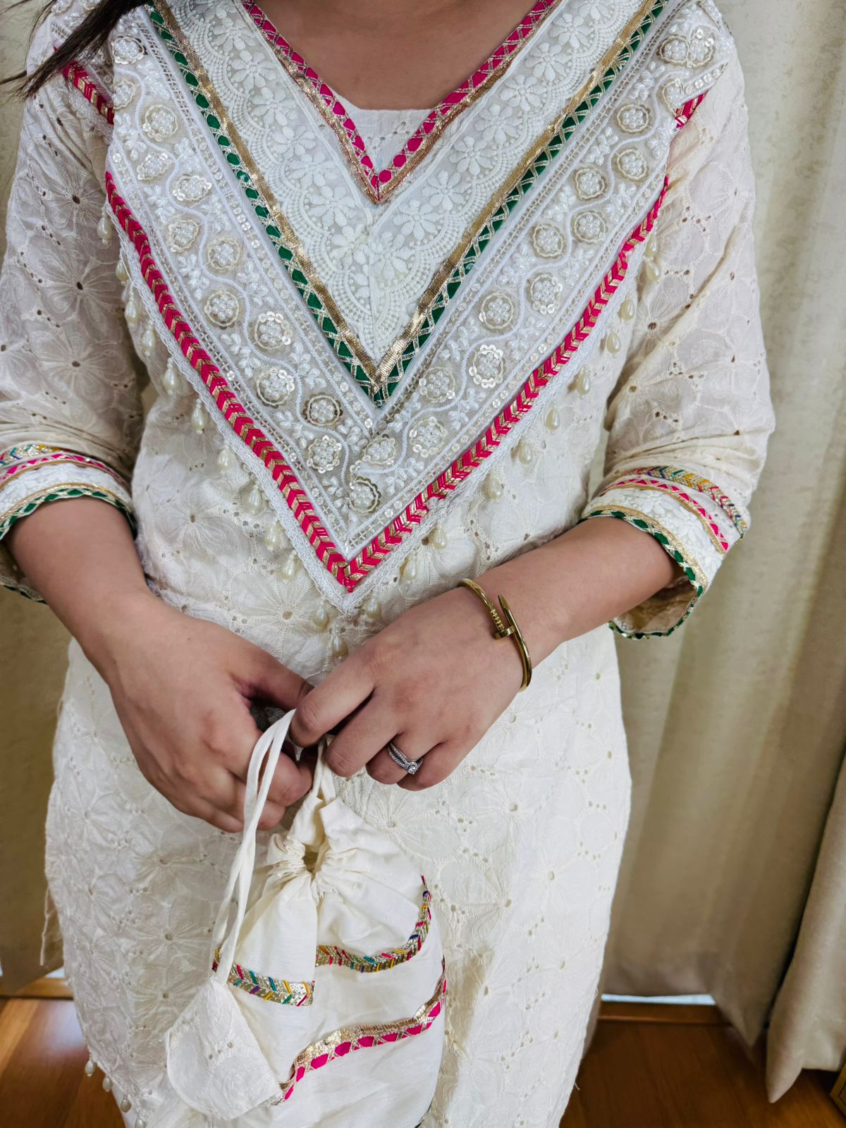 ANMOL | Designer White Festive Suit Set | Embroidered Kurta Palazzo with Potli for Women