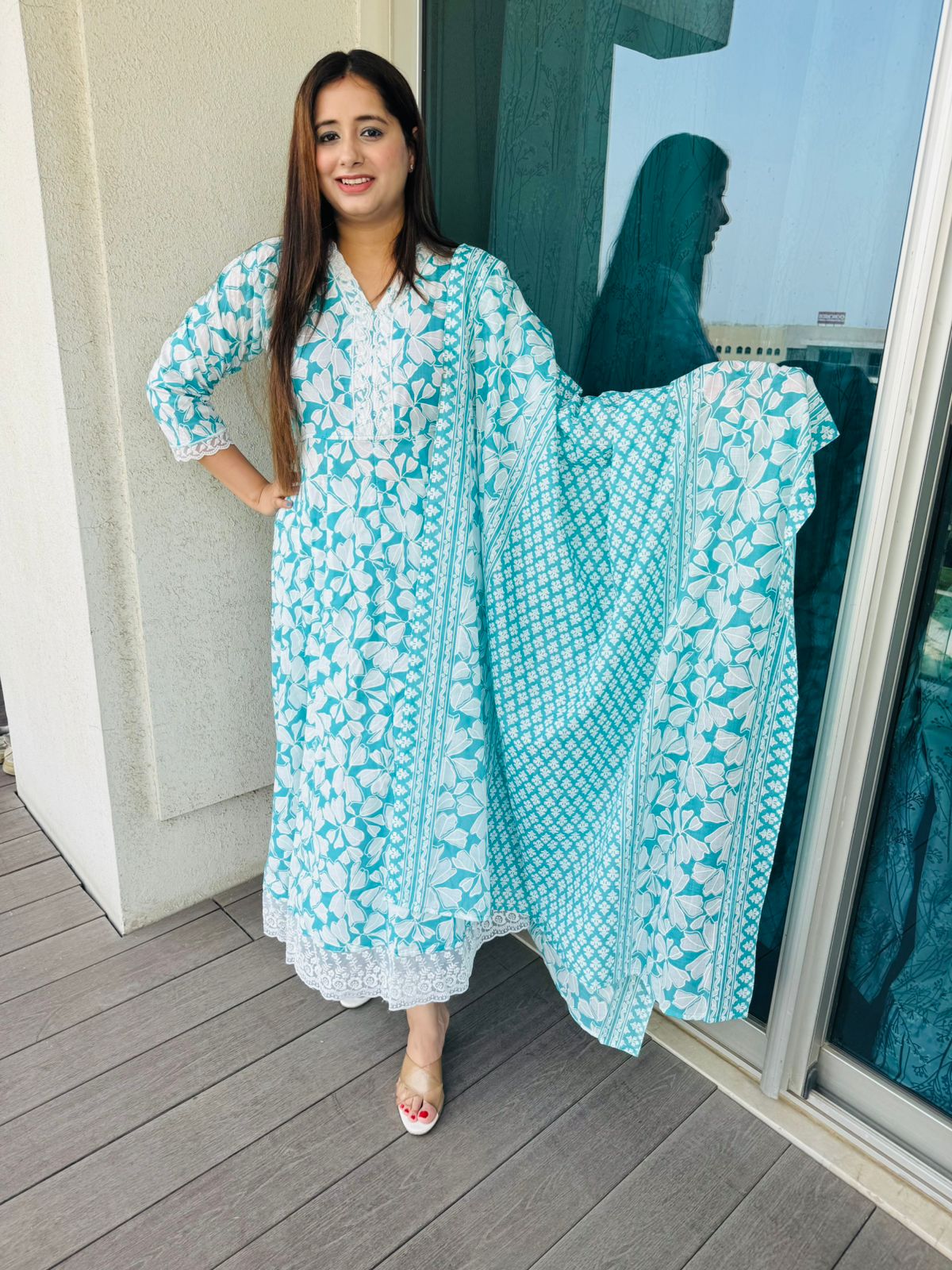 PAM COTTON | Women’s Mint Blue Ethnic Suit Set | Floral Geometric Print Kurta Palazzo Dupatta