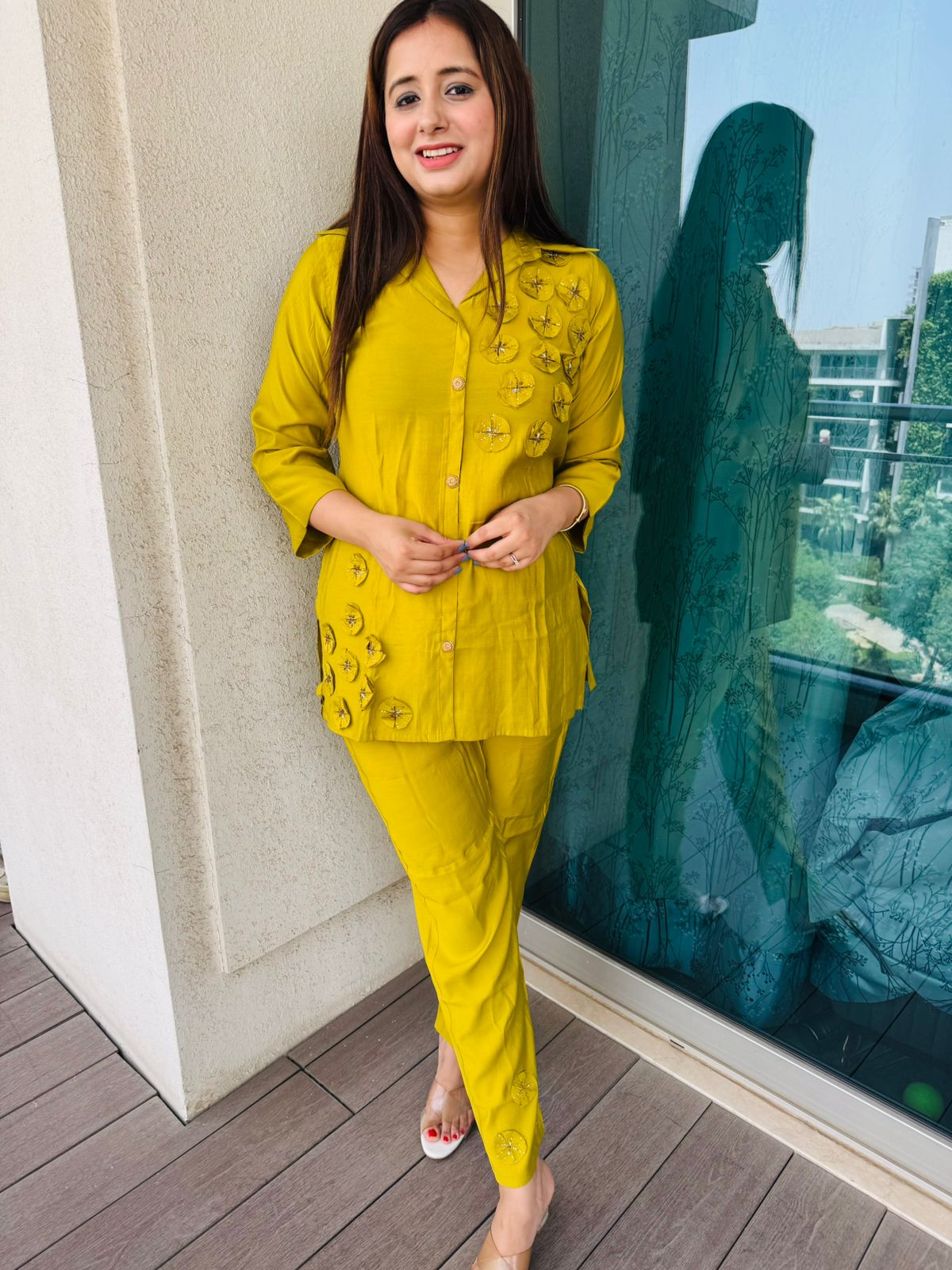 NEETA | Women’s Mustard Co-Ord Set | Subtle Circular Embroidery Kurta Palazzo