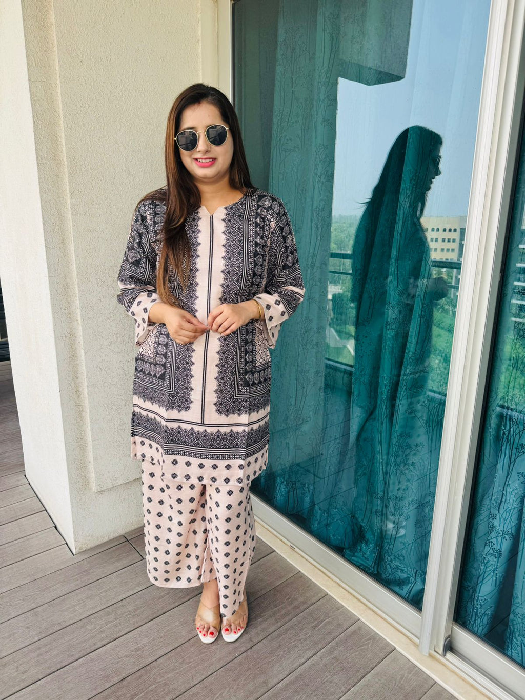 VASHIMA | Elegant Peach Black Co-Ord Set | Polka Dot Printed Kurta Palazzo Set