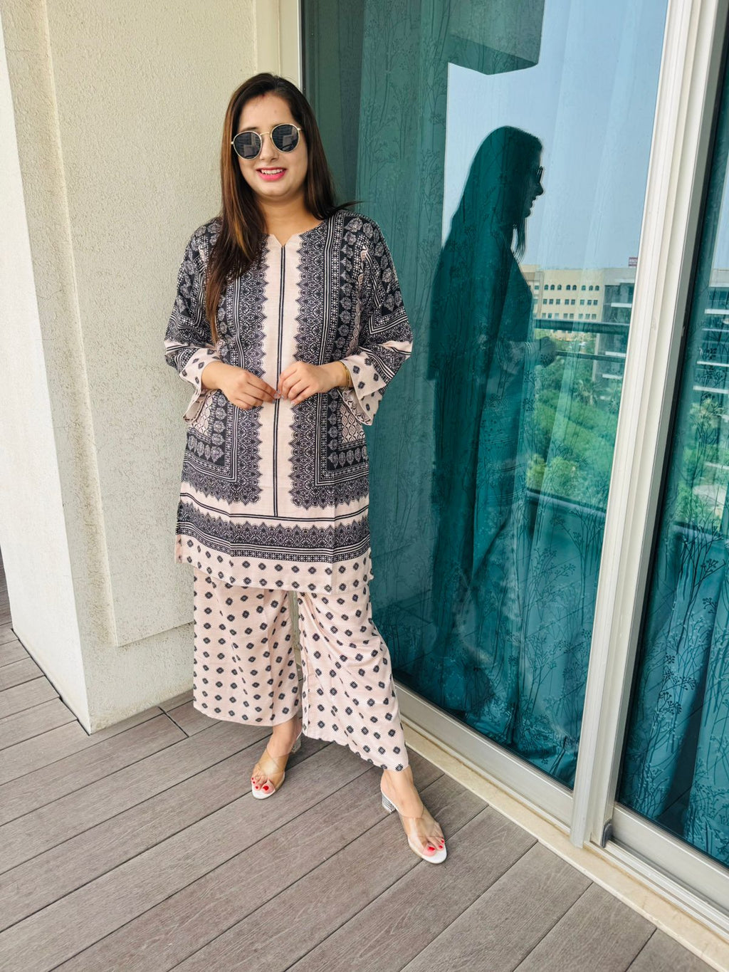 VASHIMA | Elegant Peach Black Co-Ord Set | Polka Dot Printed Kurta Palazzo Set