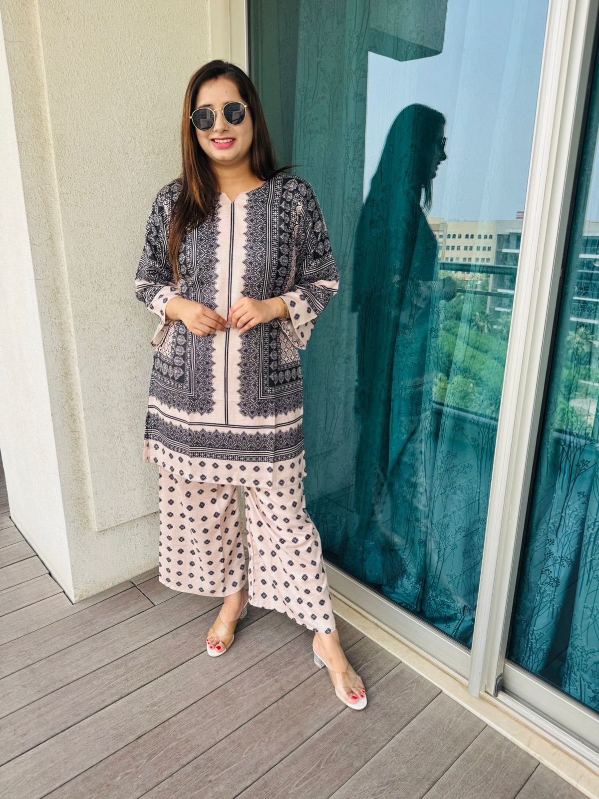 VASHIMA | Elegant Peach Black Co-Ord Set | Polka Dot Printed Kurta Palazzo Set