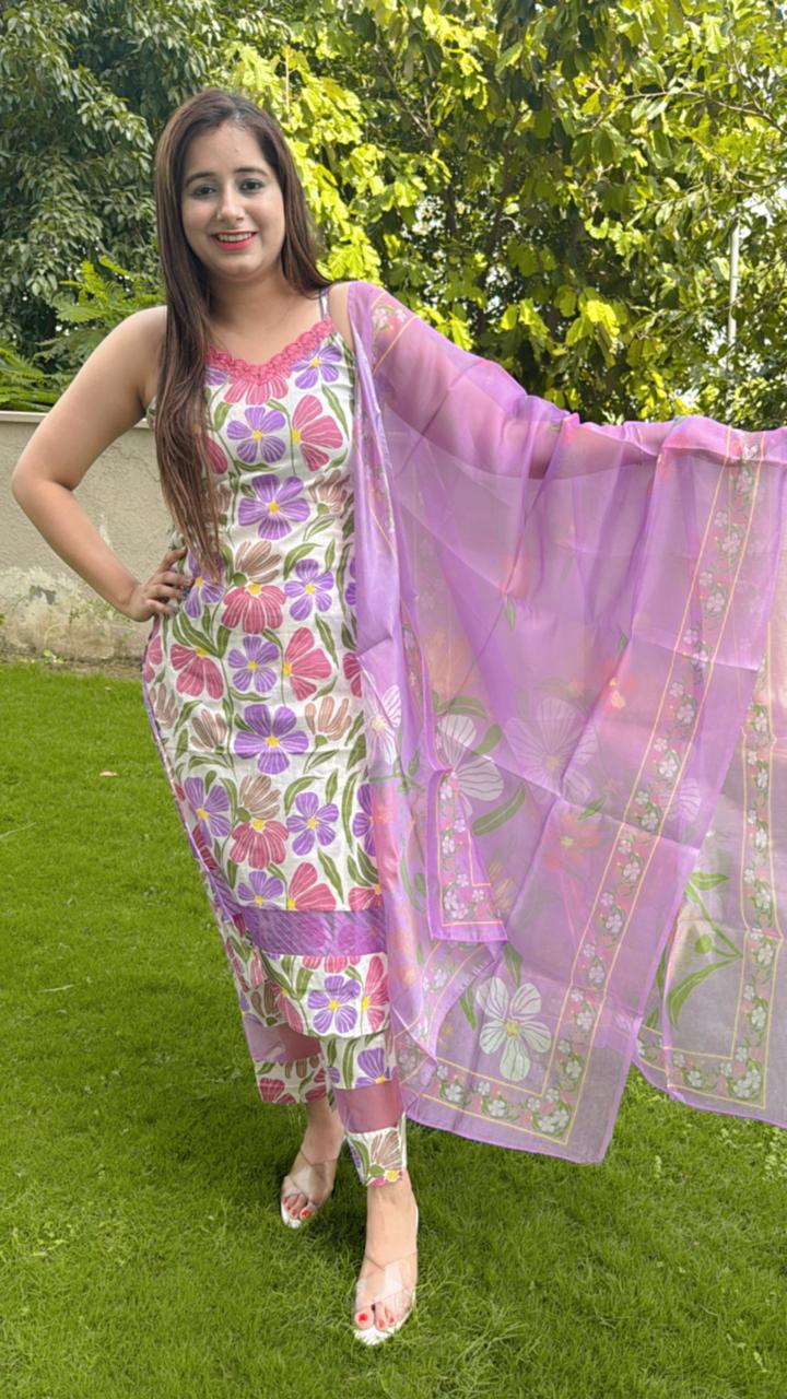 LAURA | Women’s Lilac Floral Print Suit Set | Sleeveless Kurta with Matching Dupatta