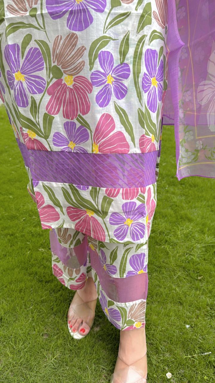 LAURA | Women’s Lilac Floral Print Suit Set | Sleeveless Kurta with Matching Dupatta