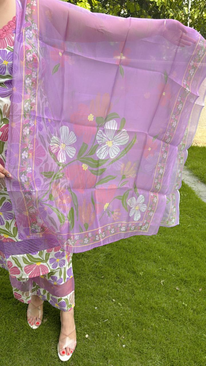LAURA | Women’s Lilac Floral Print Suit Set | Sleeveless Kurta with Matching Dupatta