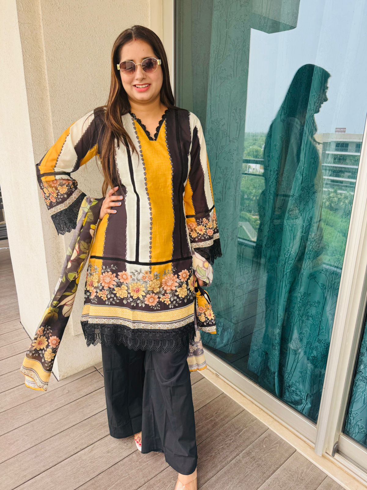 AARFA | Women’s Yellow Black Ethnic Suit Set | Statement Floral Kurta Palazzo Dupatta Set