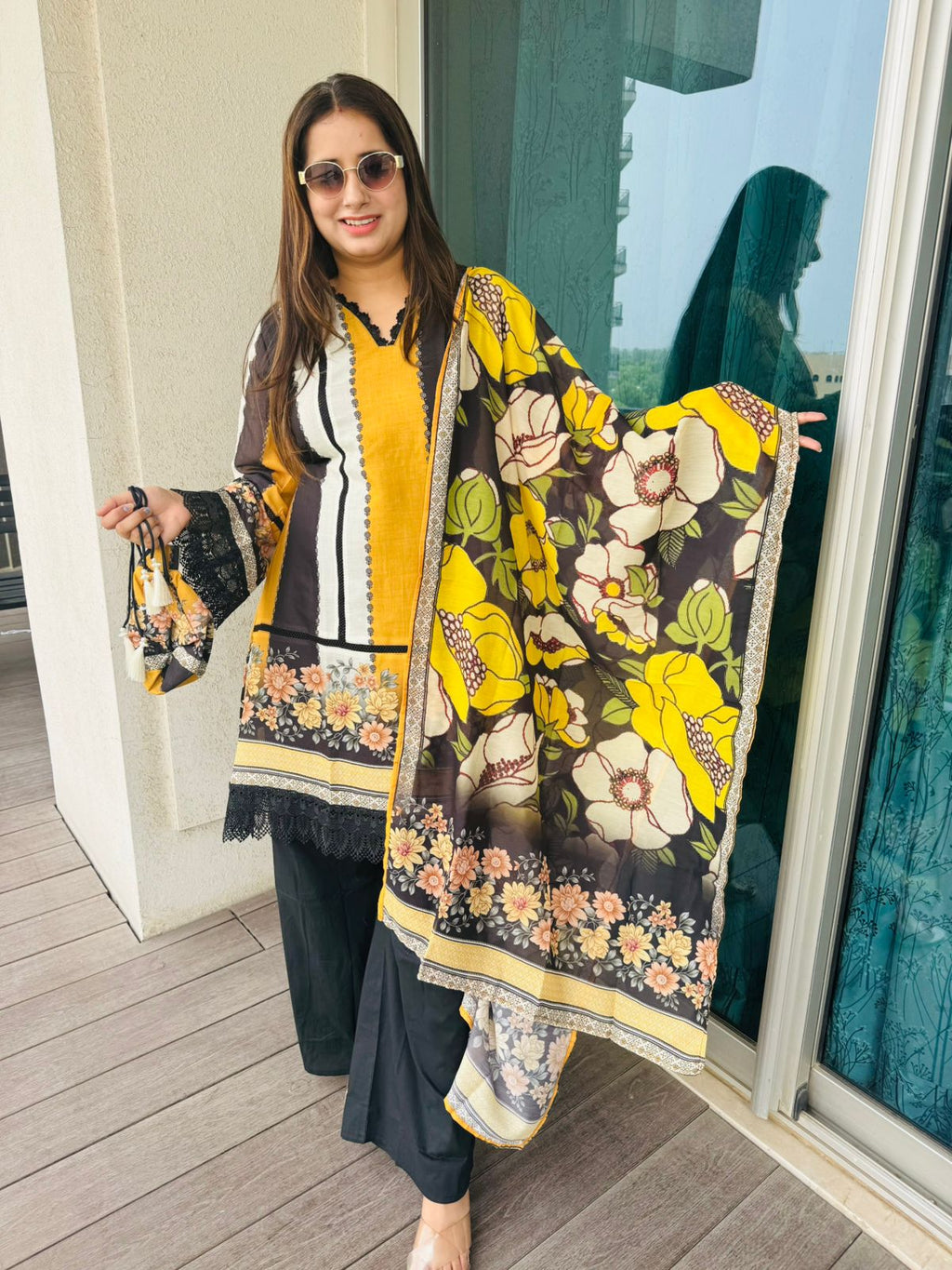 AARFA | Women’s Yellow Black Ethnic Suit Set | Statement Floral Kurta Palazzo Dupatta Set