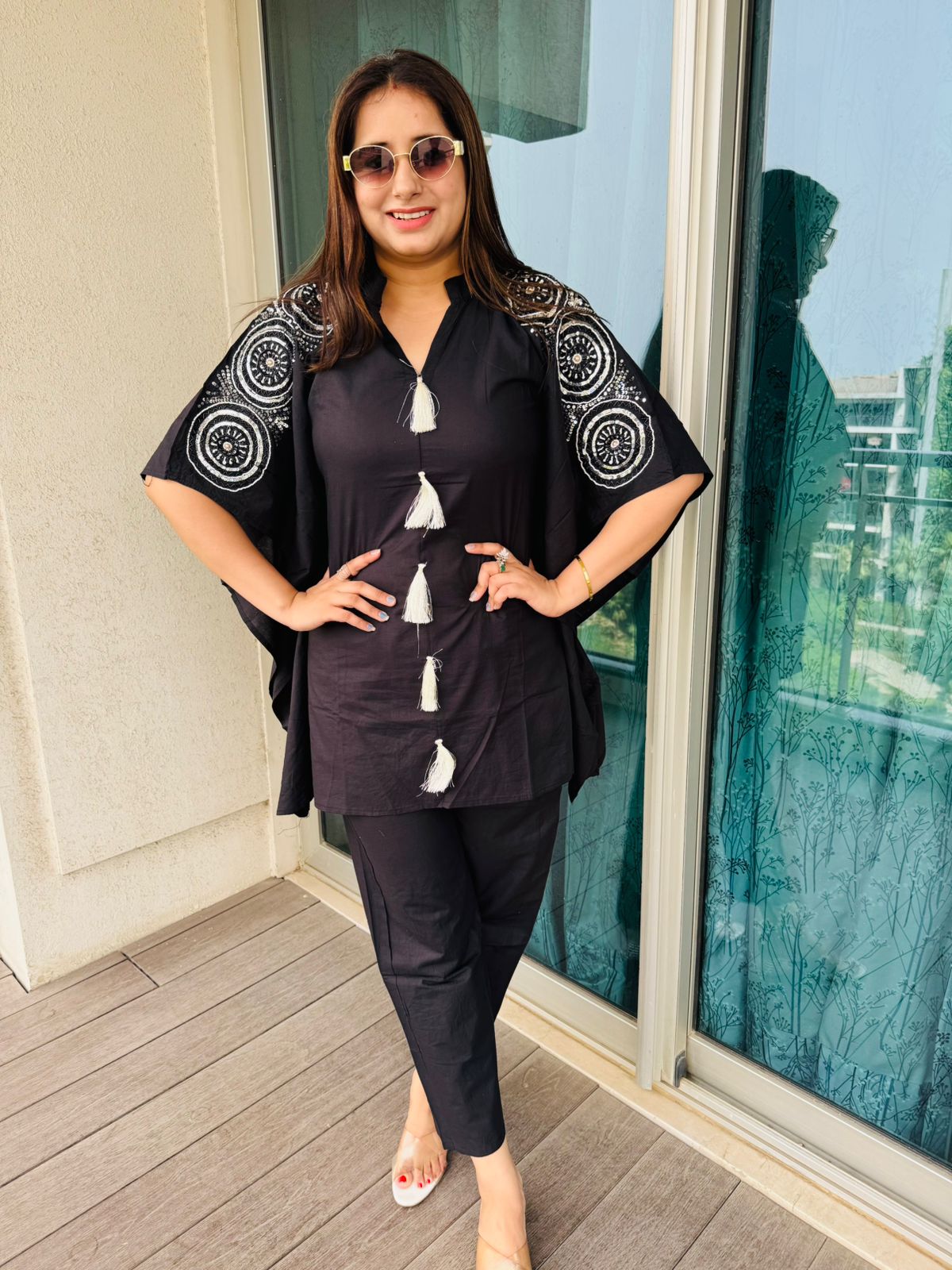 VAMO | Black Coordset for Women | White Circular Embroidered Sleeves & Tassels