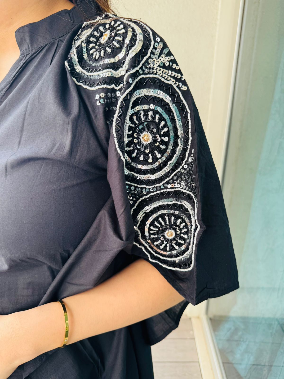 VAMO | Black Coordset for Women | White Circular Embroidered Sleeves & Tassels