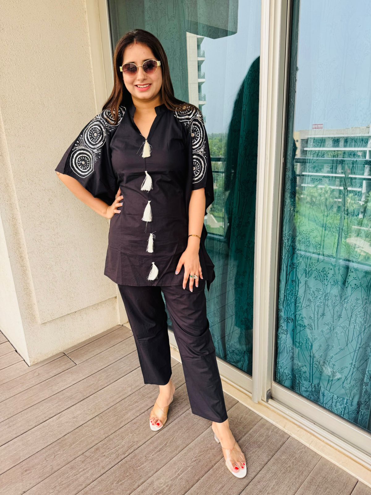 VAMO | Black Coordset for Women | White Circular Embroidered Sleeves & Tassels