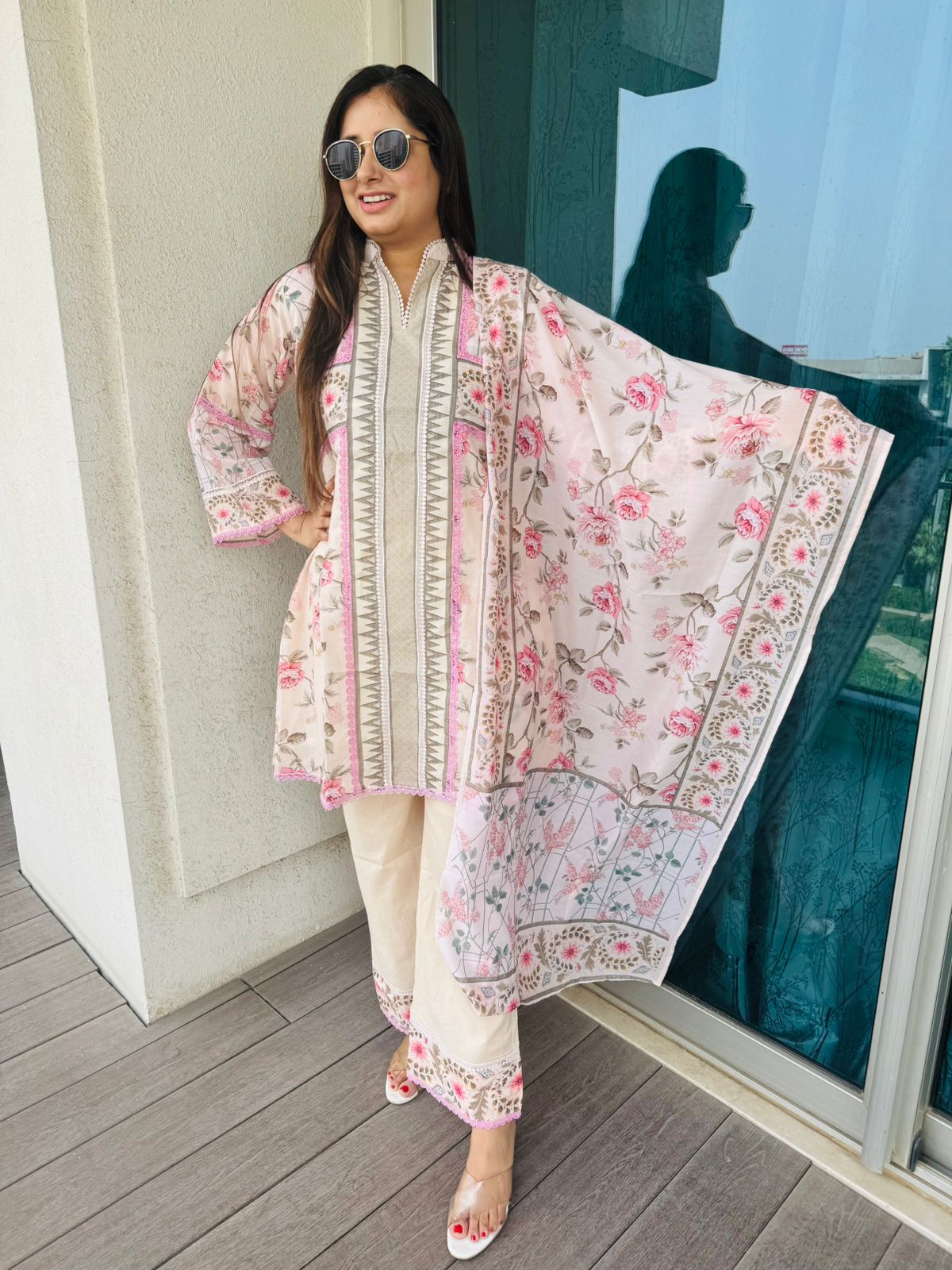 BEAUTIFUL | Women’s Pastel Pink Floral Suit Set | Printed Kurta Palazzo with Dupatta