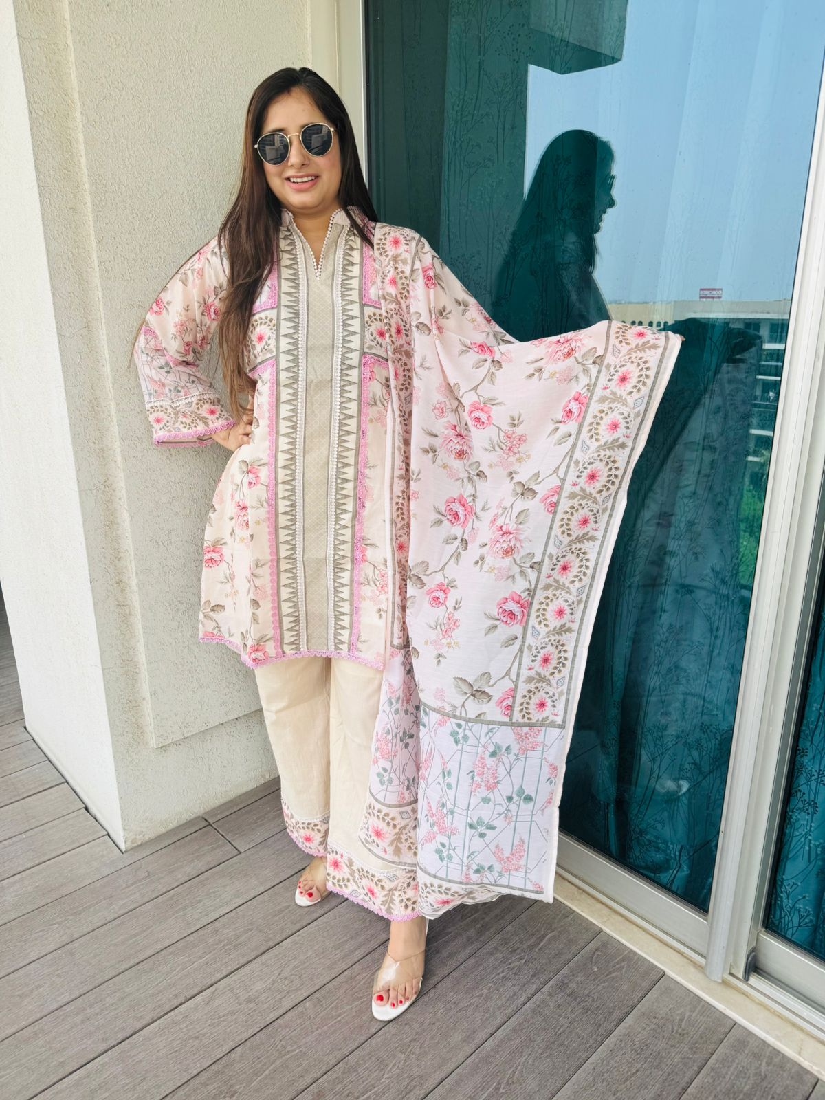 BEAUTIFUL | Women’s Pastel Pink Floral Suit Set | Printed Kurta Palazzo with Dupatta